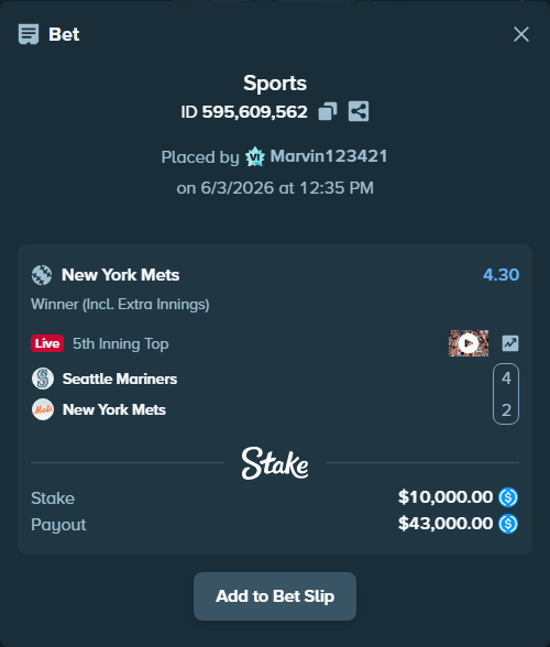 Bet slip: Seattle Mariners - New York Mets, $10,000.00 stake at 4.30 odds, placed by Marvin123421