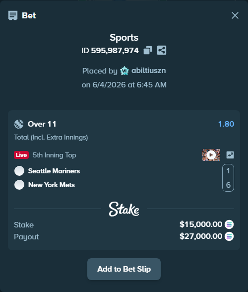 Bet slip: Seattle Mariners - New York Mets, $15,504.19 stake at 1.80 odds, placed by abiltiuszn