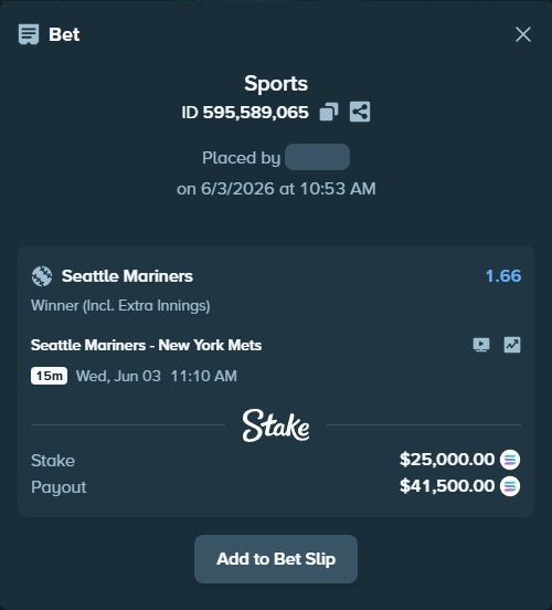 Bet slip: Seattle Mariners - New York Mets, $24,555.64 stake at 1.66 odds, placed by abiltiuszn