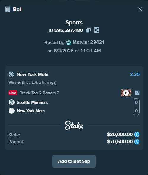 Bet slip: Seattle Mariners - New York Mets, $30,000.00 stake at 2.35 odds, placed by Marvin123421