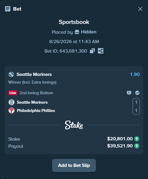 Bet slip: Seattle Mariners - Philadelphia Phillies, $20,801.00 stake at 1.90 odds, placed by Hidden