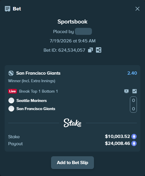 Bet slip: Seattle Mariners - San Francisco Giants, $10,223.78 stake at 2.40 odds, placed by Marvin123421