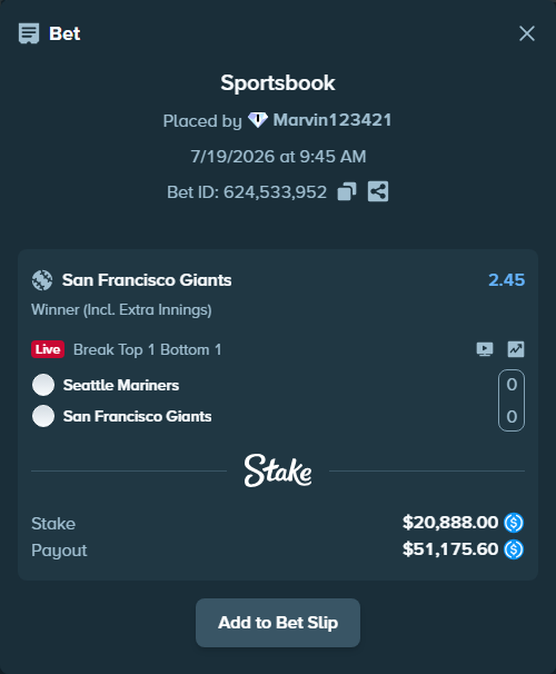 Bet slip: Seattle Mariners - San Francisco Giants, $20,888.00 stake at 2.45 odds, placed by Marvin123421