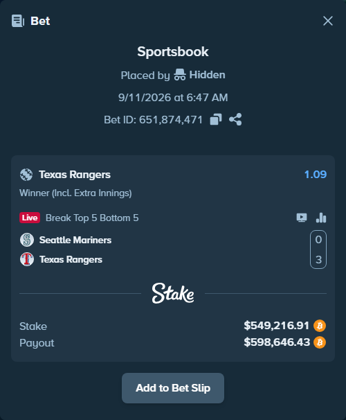 Bet slip: Seattle Mariners - Texas Rangers, $546,461.22 stake at 1.09 odds, placed by Hidden