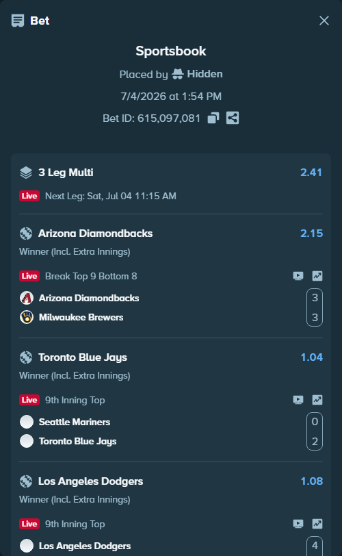 Bet slip: Seattle Mariners - Toronto Blue Jays, $12,000.00 stake at 1.04 odds, placed by Hidden