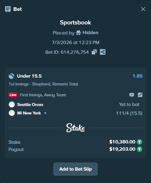 Bet slip: Seattle Orcas - Mi New York, $10,390.38 stake at 1.85 odds, placed by Hidden