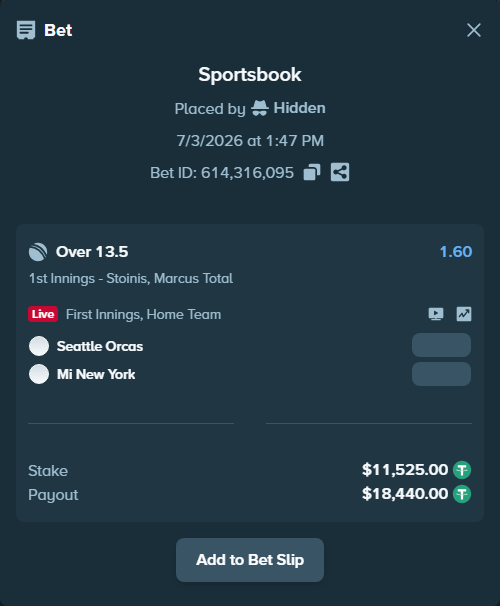 Bet slip: Seattle Orcas - Mi New York, $11,536.52 stake at 1.60 odds, placed by Hidden