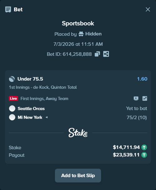 Bet slip: Seattle Orcas - Mi New York, $14,726.65 stake at 1.60 odds, placed by Hidden
