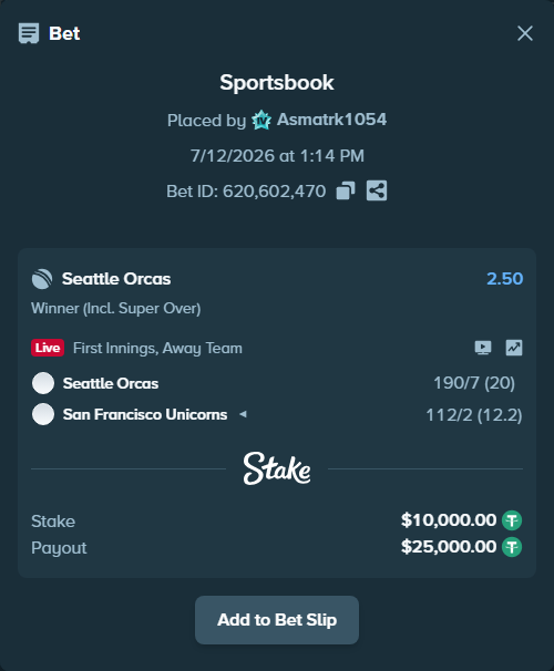 Bet slip: Seattle Orcas - San Francisco Unicorns, $10,010.00 stake at 2.50 odds, placed by Asmatrk1054