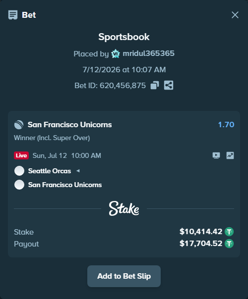 Bet slip: Seattle Orcas - San Francisco Unicorns, $10,424.84 stake at 1.70 odds, placed by mridul365365