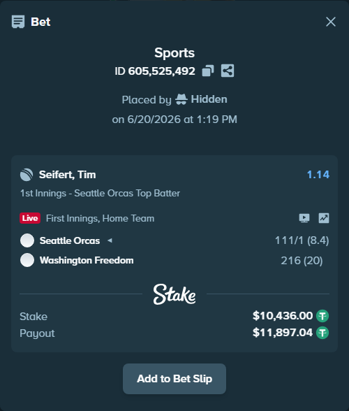Bet slip: Seattle Orcas - Washington Freedom, $10,446.44 stake at 1.14 odds, placed by Hidden