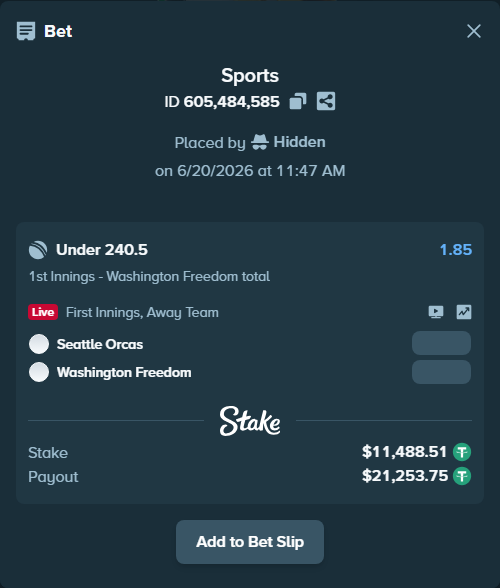 Bet slip: Seattle Orcas - Washington Freedom, $11,500.00 stake at 1.85 odds, placed by Hidden