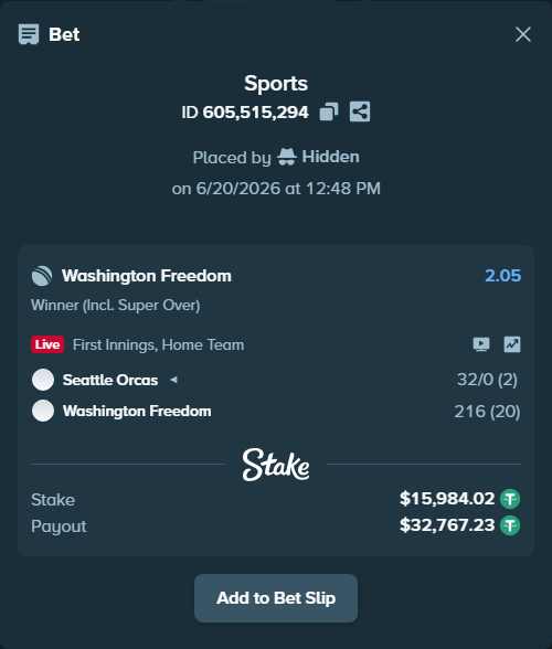 Bet slip: Seattle Orcas - Washington Freedom, $16,000.00 stake at 2.05 odds, placed by Hidden
