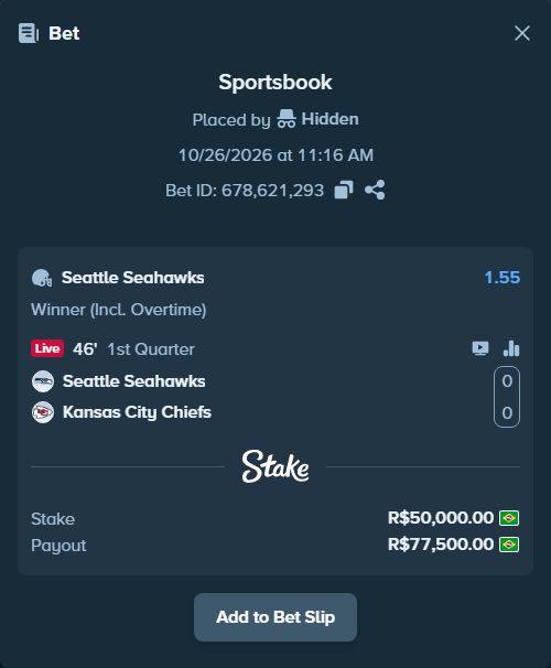 Bet slip: Seattle Seahawks - Kansas City Chiefs, $10,000.00 stake at 1.55 odds, placed by Hidden