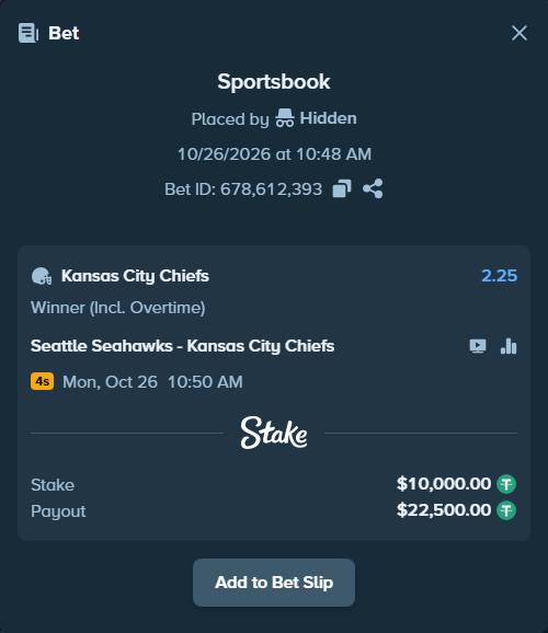 Bet slip: Seattle Seahawks - Kansas City Chiefs, $10,010.00 stake at 2.25 odds, placed by Hidden