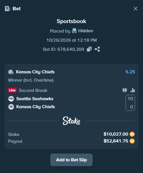 Bet slip: Seattle Seahawks - Kansas City Chiefs, $10,027.00 stake at 5.25 odds, placed by Hidden