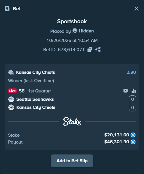 Bet slip: Seattle Seahawks - Kansas City Chiefs, $20,131.00 stake at 2.30 odds, placed by Hidden