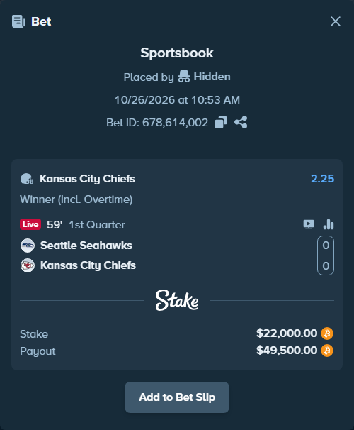 Bet slip: Seattle Seahawks - Kansas City Chiefs, $21,991.75 stake at 2.25 odds, placed by Hidden