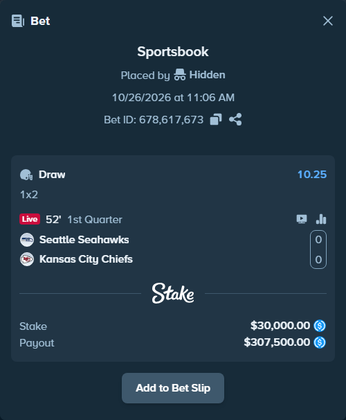 Bet slip: Seattle Seahawks - Kansas City Chiefs, $30,000.00 stake at 10.25 odds, placed by Hidden