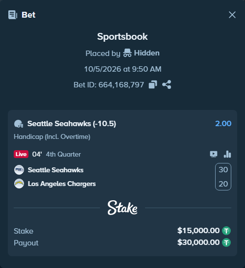 Bet slip: Seattle Seahawks - Los Angeles Chargers, $15,000.00 stake at 2.00 odds, placed by Hidden