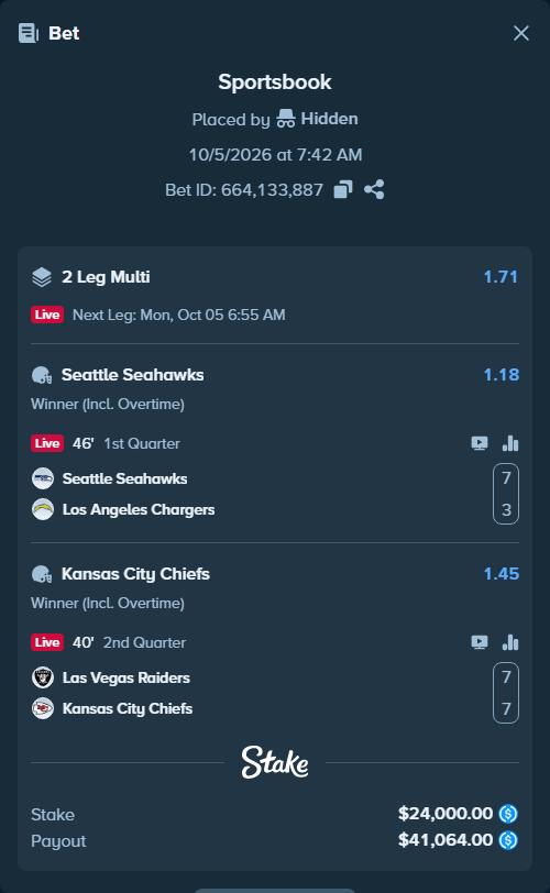 Bet slip: Seattle Seahawks - Los Angeles Chargers, $24,000.00 stake at 1.18 odds, placed by bonkalive