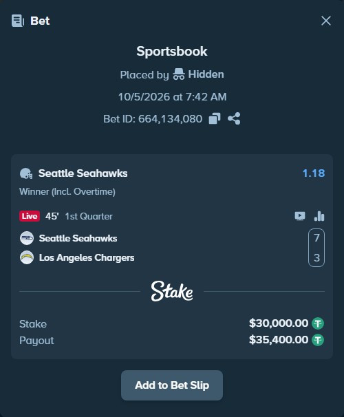 Bet slip: Seattle Seahawks - Los Angeles Chargers, $30,000.00 stake at 1.18 odds, placed by Hidden