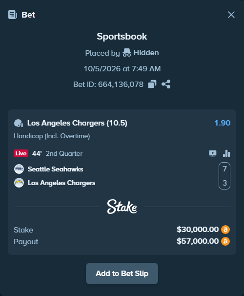 Bet slip: Seattle Seahawks - Los Angeles Chargers, $29,919.30 stake at 1.90 odds, placed by TommyB74