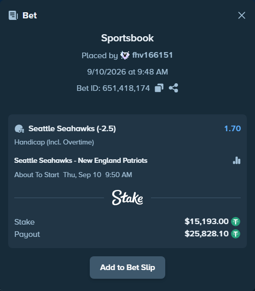 Bet slip: Seattle Seahawks - New England Patriots, $15,193.00 stake at 1.70 odds, placed by fhv166151