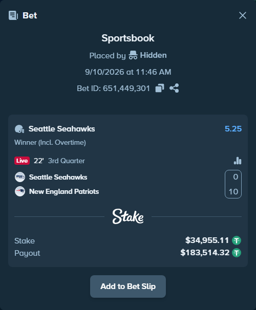 Bet slip: Seattle Seahawks - New England Patriots, $34,955.11 stake at 5.25 odds, placed by Hidden