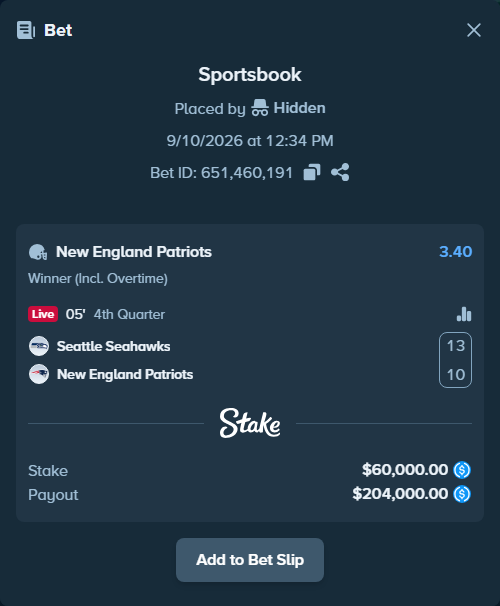 Bet slip: Seattle Seahawks - New England Patriots, $60,000.00 stake at 3.40 odds, placed by Hidden