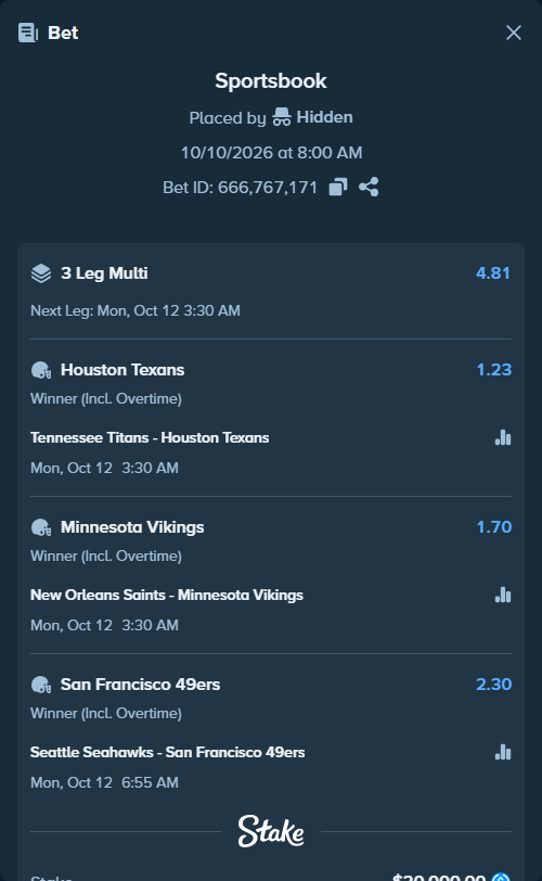 Bet slip: Seattle Seahawks - San Francisco 49ers, $20,000.00 stake at 2.30 odds, placed by Hidden