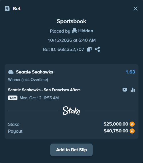 Bet slip: Seattle Seahawks - San Francisco 49ers, $25,001.48 stake at 1.63 odds, placed by Dzokoichoi