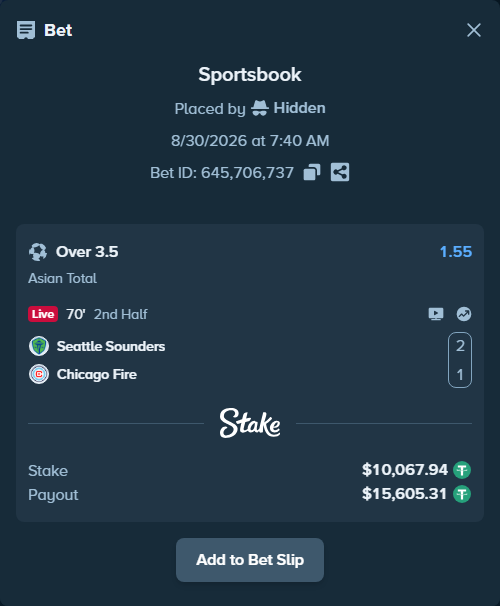 Bet slip: Seattle Sounders - Chicago Fire, $10,067.94 stake at 1.55 odds, placed by Hidden