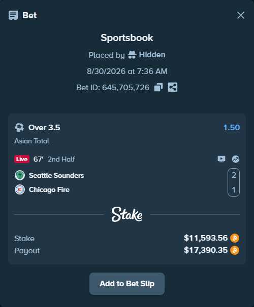 Bet slip: Seattle Sounders - Chicago Fire, $11,600.37 stake at 1.50 odds, placed by Hidden