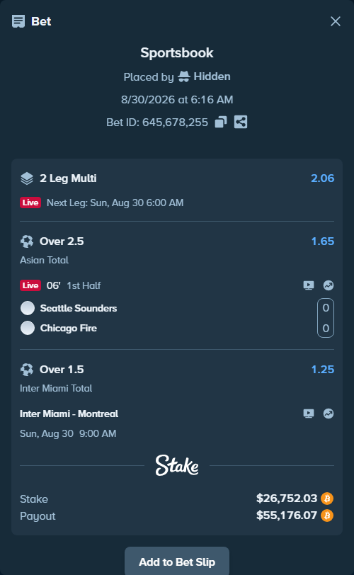 Bet slip: Seattle Sounders - Chicago Fire, $26,757.86 stake at 1.65 odds, placed by Hidden