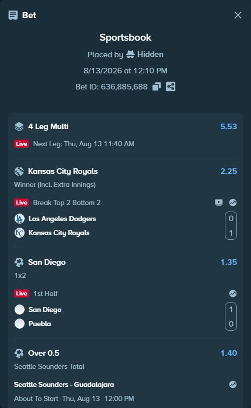Bet slip: Seattle Sounders - Guadalajara, $40,000.00 stake at 1.40 odds, placed by Hidden