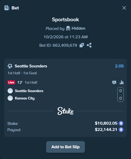 Bet slip: Seattle Sounders - Kansas City, $10,870.32 stake at 2.05 odds, placed by Hidden