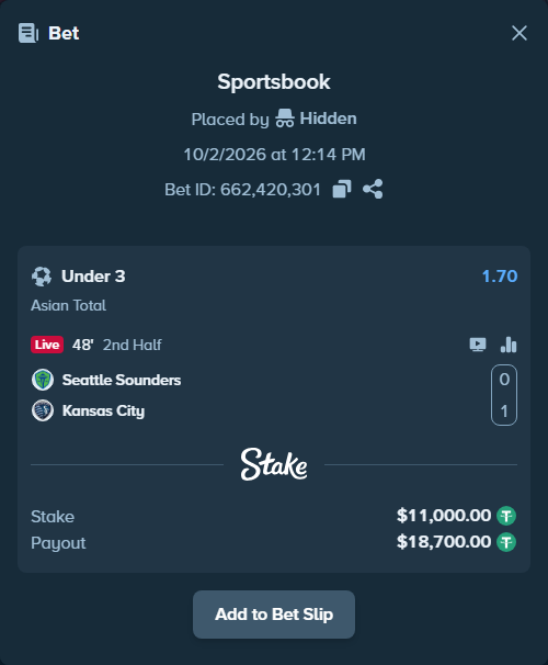 Bet slip: Seattle Sounders - Kansas City, $11,000.00 stake at 1.70 odds, placed by Hidden