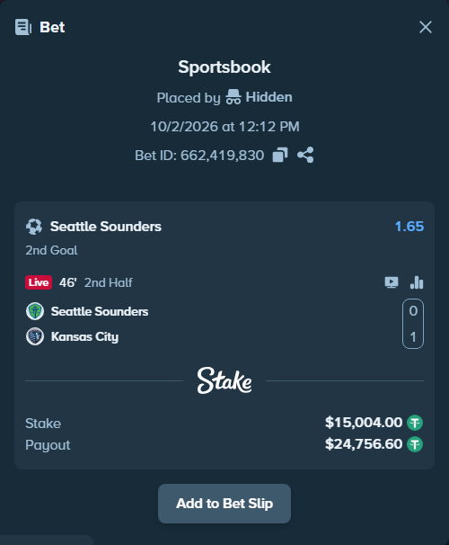 Bet slip: Seattle Sounders - Kansas City, $15,004.00 stake at 1.65 odds, placed by Hidden
