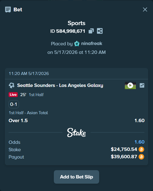 Bet slip: Seattle Sounders - Los Angeles Galaxy, $20,382.55 stake at 1.60 odds, placed by ninafreak