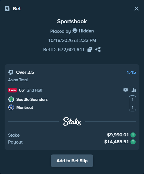 Bet slip: Seattle Sounders - Montreal, $10,000.00 stake at 1.45 odds, placed by Hidden