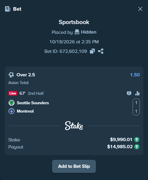 Bet slip: Seattle Sounders - Montreal, $10,000.00 stake at 1.50 odds, placed by Hidden