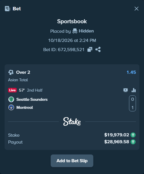 Bet slip: Seattle Sounders - Montreal, $19,999.00 stake at 1.45 odds, placed by Hidden