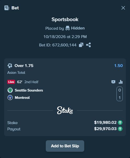 Bet slip: Seattle Sounders - Montreal, $20,000.00 stake at 1.50 odds, placed by Hidden