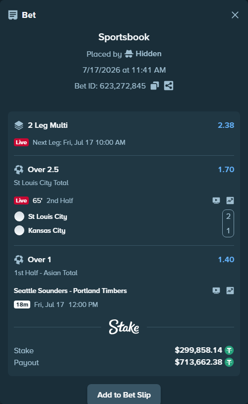 Bet slip: Seattle Sounders - Portland Timbers, $300,158.00 stake at 1.40 odds, placed by Hidden