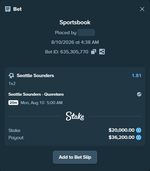 Bet slip: Seattle Sounders - Queretaro, $20,000.00 stake at 1.81 odds, placed by boikot115