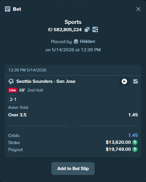 Bet slip: Seattle Sounders - San Jose, $13,620.00 stake at 1.45 odds, placed by rmaghsdudthd