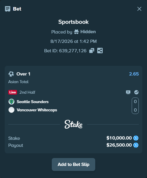 Bet slip: Seattle Sounders - Vancouver Whitecaps, $10,000.00 stake at 2.65 odds, placed by Hidden