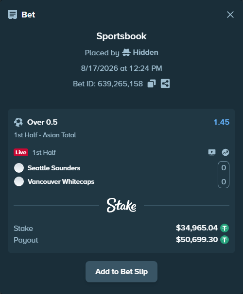 Bet slip: Seattle Sounders - Vancouver Whitecaps, $35,000.00 stake at 1.45 odds, placed by Hidden
