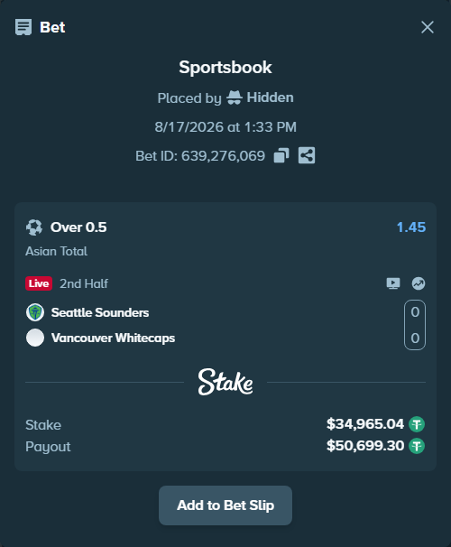 Bet slip: Seattle Sounders - Vancouver Whitecaps, $35,000.00 stake at 1.45 odds, placed by Hidden
